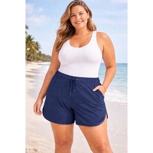 Lands End Womens Plus 18W Elastic Drawstring Board Shorts Navy Blue Swim Beach